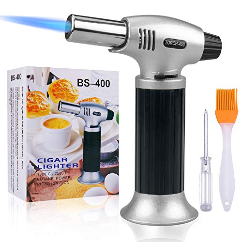 Product Cover Culinary Blow Torch, Tintec Chef Cooking Torch Lighter, Butane Refillable, Flame Adjustable (MAX 2500°F) with Safety Lock for Cooking, BBQ, Baking, Brulee, Creme, DIY Soldering & more (Aluminum alloy)