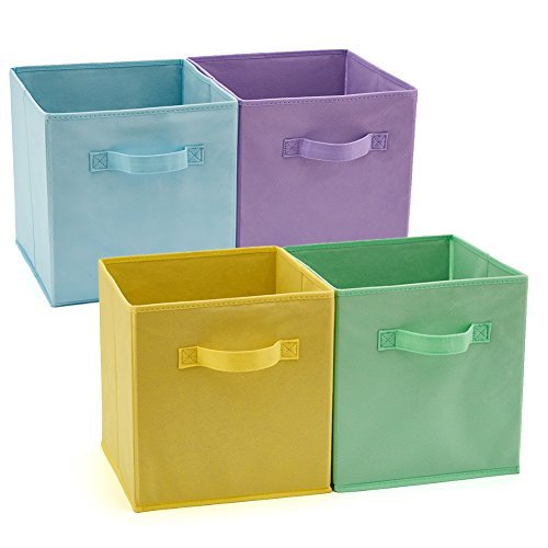 Product Cover EZOWare Set of 4 Foldable Fabric Basket Bins, Collapsible Storage Cube for Nursery Home and Office (10.5X 10.5 x 11 inch) (Assorted Color)