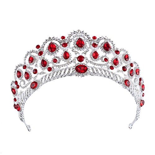 Product Cover Santfe 2 1/2 '' Height Shinny Silver Plated Ruby Red Teardrop Rhinestone Princess Party Birthday Gift Hair Tiaras For Women Hair Ornaments