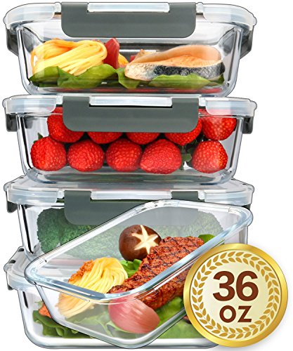 Product Cover [5-Packs, 36 Oz.] Glass Meal Prep Containers with Lifetime Lasting Snap Locking Lids Glass Food Containers,Airtight Lunch Container,Microwave, Oven, Freezer and Dishwasher Safe(4.5 Cup)