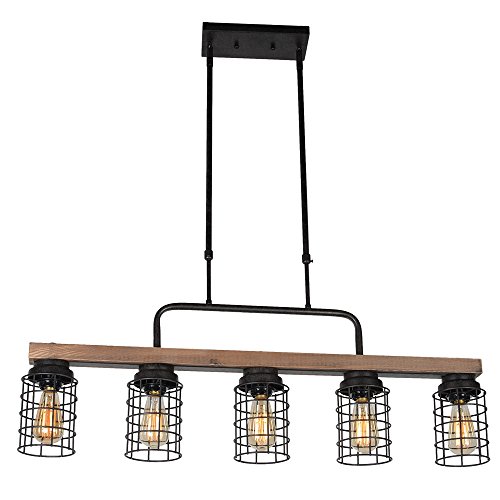 Product Cover Baiwaiz Wood Pool Table Light, Rustic Kitchen Island Lighting Metal Cage Linear Chandelier Industrial Farmhouse Dining Room Light Fixture 5 Light Edison E26 069