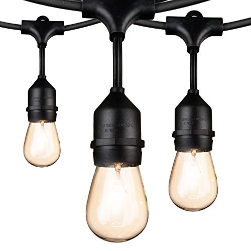 Product Cover Outdoor String Lights 48Ft Edison Vintage Commercial Grade Lights with 15xE26 Base Sockets & S14 Bulbs, Weatherproof Connectable Strand for Porch Garden Deck Backyard Cafe Bar Wedding Party, Black