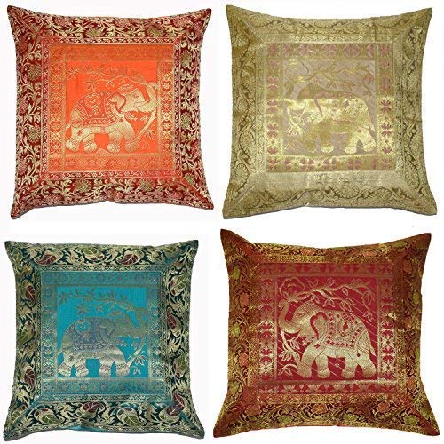 Product Cover ANJANIYA Set of 4 17x17 inch (43x43 cm) Elephant Banarsi Silk Indian Ethnic Bohemian Decorative Cushion Cover Handcrafted Patchwork Sari Throw Pillow Boho Decor Cushion Covers for Gift (Silk Elephant)