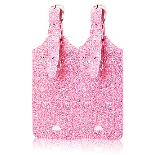 Product Cover 2 Pack Luggage Tags, ACdream Premium PU Leather Case Name Luggage Bag Tags for Travel Bag Suitcase Set with Name ID Labels, Glitter Pink