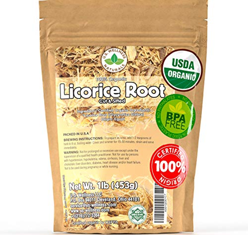 Product Cover Licorice Root Tea 1LB (16Oz) 100% Certified Organic Licorice Root Cut and Sifted (Glycyrrhiza glabra), in 1 lbs. Bulk Resealable Kraft BPA Free Bags from U.S. Wellness Naturals