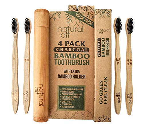 Product Cover Natural Alt Bamboo Charcoal Toothbrush With Travel Case - 4 Pack, Eco Friendly, Biodegradable, 100% Vegan With Amazing Teeth Whitening - BPA Free, Soft Medium Bristles for Sensitive Gums! Home or Road