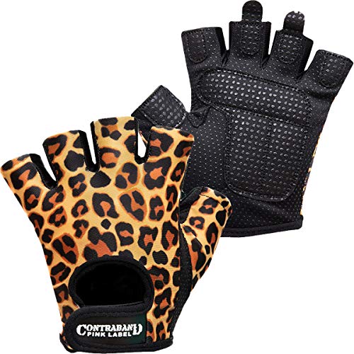 Product Cover Contraband Pink Label 5297 Womens Design Series Leopard Print Lifting Gloves (Pair) - Lightweight Vegan Medium Padded Microfiber Amara Leather w/Griplock Silicone