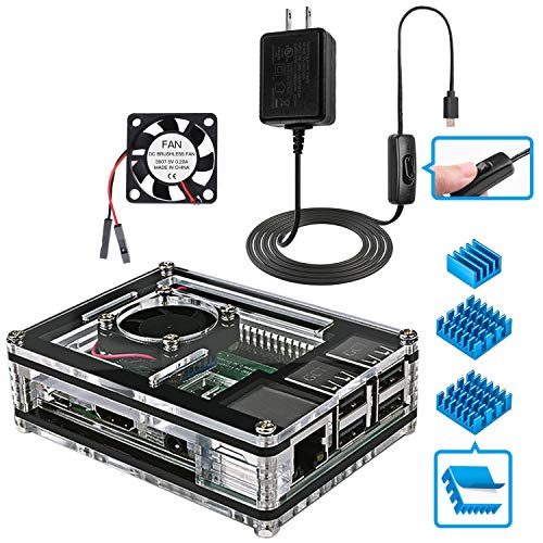 Product Cover Miuzei Raspberry Pi 3 B+ Case with Fan Cooling and 3× Heat-Sinks, 5V 2.5A Power Supply with On/Off Switch Cable for RPi 3 B+, 3B, 2b