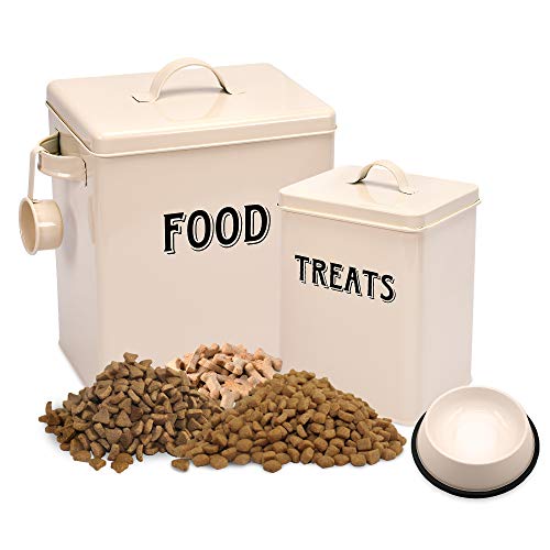 Product Cover Silky Road Pet Food and Treats Containers Set with Scoop and Bowl for Cats or Dogs Vintage Cream Powder-Coated Carbon Steel - Air-Tight Fitting Lid - Storage Canister Tins