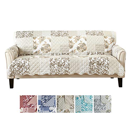 Product Cover Great Bay Home Patchwork Scalloped Printed Furniture Protector. Stain Resistant Couch Cover. (Sofa, Taupe)