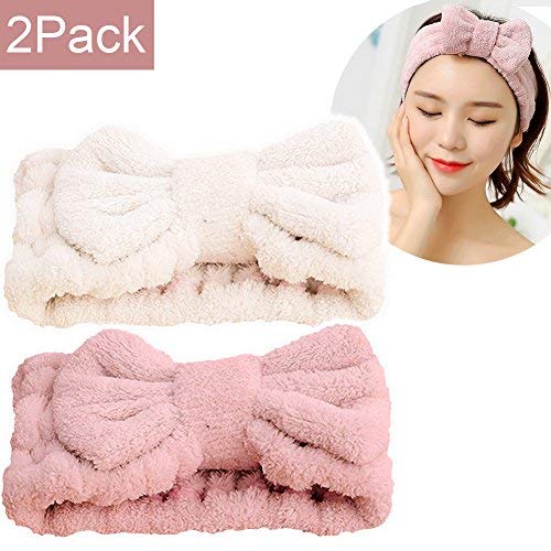 Product Cover SweetCat Microfiber Bowtie Women Beauty Headbands, Extrame Soft & Ultra Absorbent, Comfort to Wash Makeup Mask Shower Facial Skincare Spa Thick Hair Band for Girls (Beige+Pink)