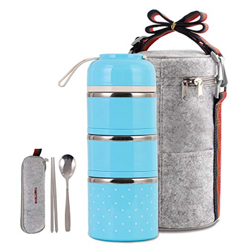 Product Cover Cute Lunch Box Insulated Lunch Bag Bento Box Food Container Storage Boxes With Cutlery For Adults Office Camping (3 tiers(blue)) ...