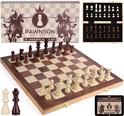 Product Cover Wooden Chess Set for Kids and Adults - 15 Staunton Chess Set - Large Folding Chess Board Game Sets - Storage for Pieces | Wood Pawns - Unique E-Book for Beginner - 2 Extra Queens