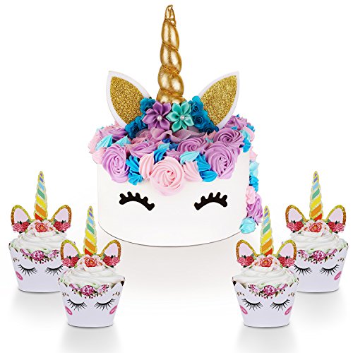 Product Cover Unicorn Cake Topper with Eyelashes and Unicorn Cupcake Toppers & Wrappers Set - Unicorn Party Decorations Kit for Birthday Party, Baby Shower and Wedding