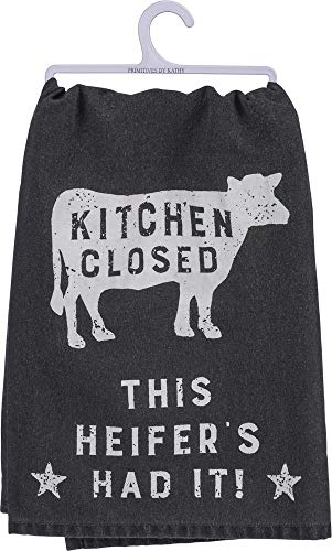Product Cover Primitives by Kathy Black and White Cotton Dish Towel, Kitchen Closed - This Heifer Has Had It