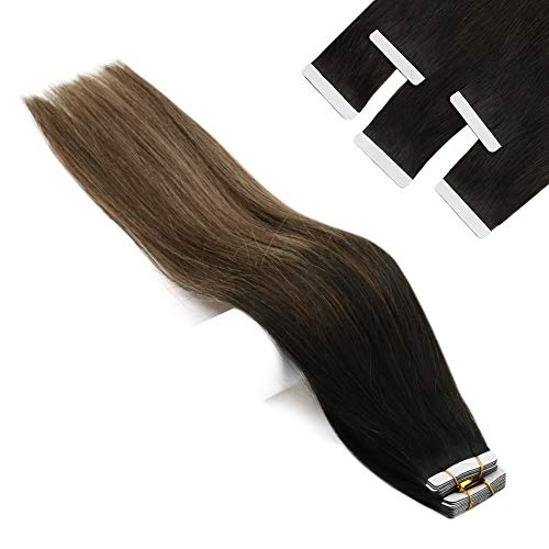 Product Cover 【Valentine's Day Off】Youngsee 18inch Tape Hair Extensions Ombre Natural Black Fading to Dark Brown Mixed Ash Brown Hair Extensions Tape in Human Hair 20pc 50Gram