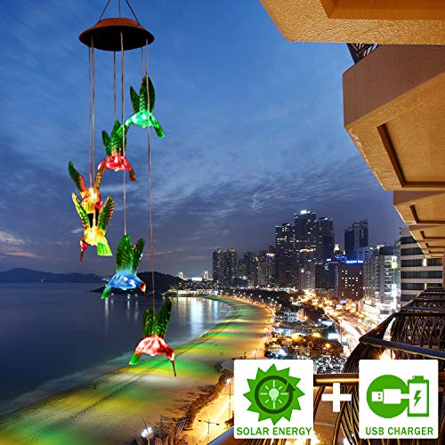 Product Cover Solar Wind Chimes, FC-Fancier [2019 Upgrade]  Charging by USB and Solar Energy Solar Hummingbird Wind Chime Color Changing Solar Mobile Wind Chime Outdoor Mobile Hanging Patio Light