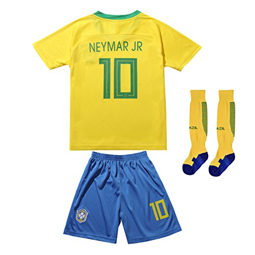 Product Cover FCB BRAZIL NEYMAR JR #10 Home Football Soccer Kids Jersey Short Socks Set Youth Sizes (Short (2018 Edition), 6-7 YEARS)