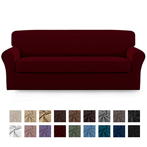 Product Cover Easy-Going 2 Pieces Microfiber Stretch Sofa Slipcover - Spandex Soft Fitted Sofa Couch Cover, Washable Furniture Protector with Elastic Bottom for Kids,Pet （Sofa，Wine）