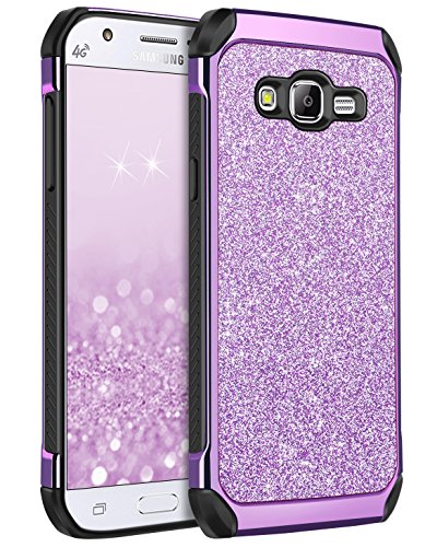 Product Cover BENTOBEN Galaxy J7 Case 2015, J700 Case, Shockproof Luxury Glitter Bling Slim 2 in 1 Hybrid Hard Cover with Sparkly Shiny Faux Leather Protective Phone Case for Samsung Galaxy J7 J700 (2015) Purple