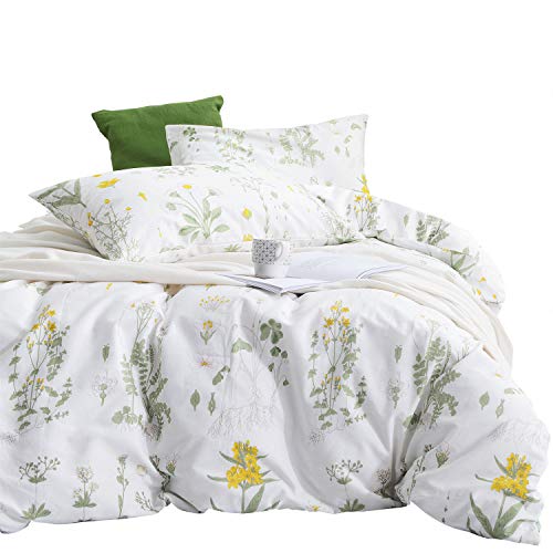 Product Cover Wake In Cloud - Botanical Comforter Set, 100% Cotton Fabric with Soft Microfiber Fill Bedding, Yellow Flowers and Green Leaves Floral Garden Pattern Printed on White (3pcs, Twin Size)