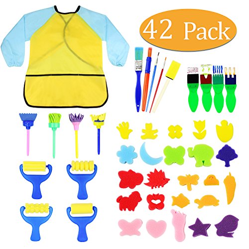 Product Cover Kids Early Learning Sponge Painting Brushes Kit, 42 Pieces Sponge Drawing Shapes Paint Craft Brushes for Toddlers Assorted Pattern, Including Children Waterproof Art Painting Smock Apron