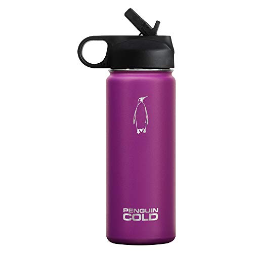 Product Cover Penguin Cold Insulated Water Bottle | 18oz Wide Mouth Stainless Steel Water Bottle with Straw Lid | BPA-Free, Tripple-Insulated, 18/8 Stainless Steel (Purple)