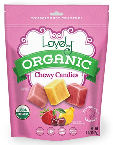 Product Cover ORGANIC Chewy Candies - Lovely Co. 5oz Bag - Strawberry, Lemon & Cherry Flavors | NO HFCS, GLUTEN or Fake Ingredients, 100% VEGAN & Kosher!