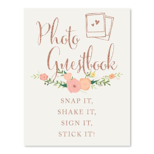 Product Cover Andaz Press Wedding Party Signs, Faux Rose Gold Glitter with Florals, 8.5x11-inch, Photo Guestbook Snap It, Shake It, Sign It, Stick It, Polaroid Sign 1-Pack, Colored Decorations