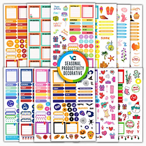Product Cover Vladi Creative Planner Stickers - 12 Sheets / 630+ Stickers Value Pack - Productivity & Decorative Stickers for Daily, Weekly, Monthly Planners & Bullet Journals (+Seasonal & Holiday Stickers)