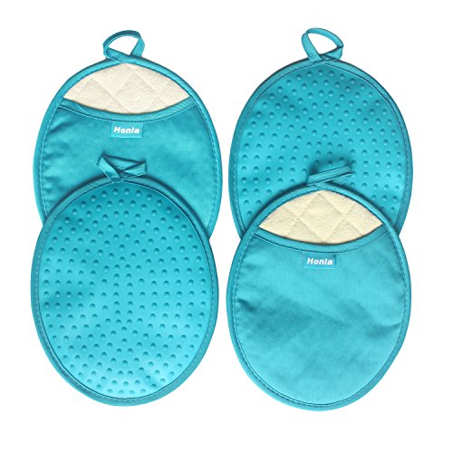 Product Cover Honla 4 Piece Oval Pot Holders with Pockets,Heat Resistant to 500 F,Flexible Non Slip Silicone Grip Hot Pads,Teal