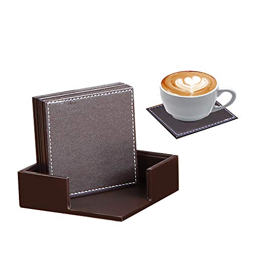Product Cover Set of 6 Drink Coasters with Holder,PU Leather Square Coffee Beer Tea Cup Pads Table Mats for Bar Home Office Kitchen Dinning Room Protect Your Furniture from Scratch/Stains(Brown)