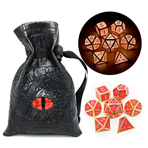 Product Cover Haxtec Glow in The Dark Metal DND Dice Set Gold Pink D&D Dice for Dungeons and Dragons-Gold Glowing Red/ Cream Pink