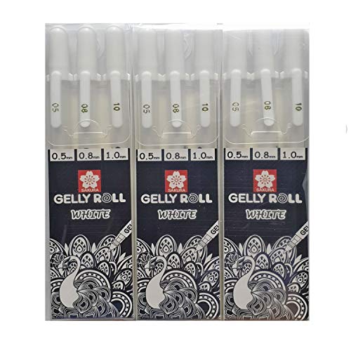 Product Cover Sakura Gelly Roll White gel pens White assorted sizes, 05 Fine / 08 Medium / 10 Bold - 9 pen bundle