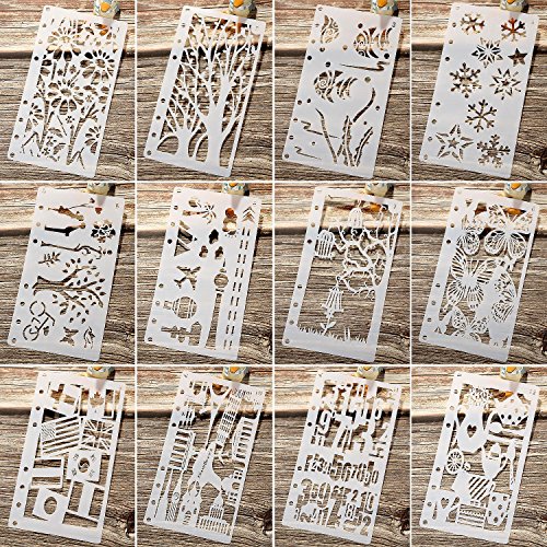Product Cover 12 Pieces Drawing Loose Leaf Stencils Scale Template Sets Journal Diary Notebook 8-Ring Paper Inserts for Painting Card Craft Projects and Scrapbooking DIY Albums (Style 1)