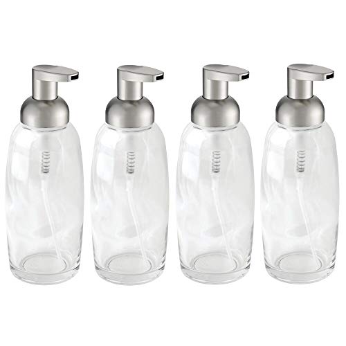 Product Cover mDesign Modern Glass Refillable Foaming Soap Dispenser Pump Bottle for Bathroom Vanity Countertop, Kitchen Sink - Save on Soap - Vintage-Inspired, Compact Design - 4 Pack - Clear/Brushed