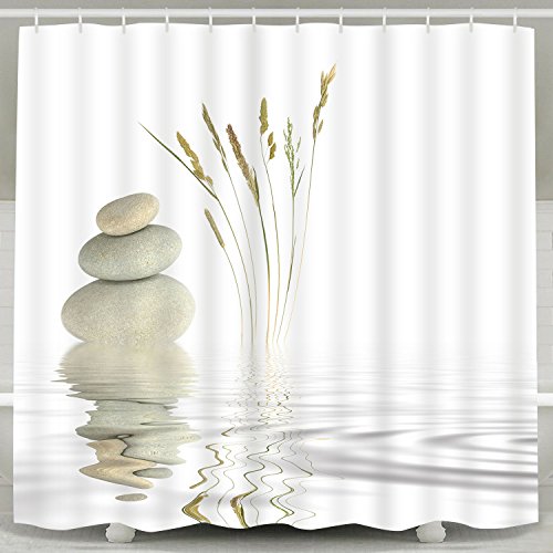 Product Cover BLEUM CADE Shower Curtain Zen Stone Wild Grass Reflection in Water Shower Curtains 12 Hooks, Meditation Design Waterproof Fabric Bathroom Shower Curtain