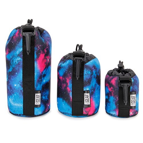 Product Cover USA GEAR FlexARMOR Protective Neoprene Lens Case Pouch Set 3-Pack (Galaxy) - Small, Medium and Large Cases Hold Lenses up to 70-300mm with Drawstring Opening, Attached Clip, Reinforced Belt Loop