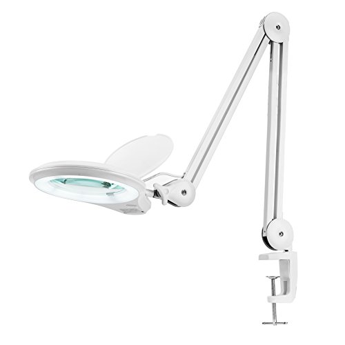 Product Cover (New Model) Neatfi Bifocals 1,200 Lumens Super LED Magnifying Lamp with Clamp, 5 Diopter with 20 Diopter, Dimmable, 60 Pcs SMD LED, 5 Inches Diameter Lens, Adjustable Arm Utility Clamp (White)