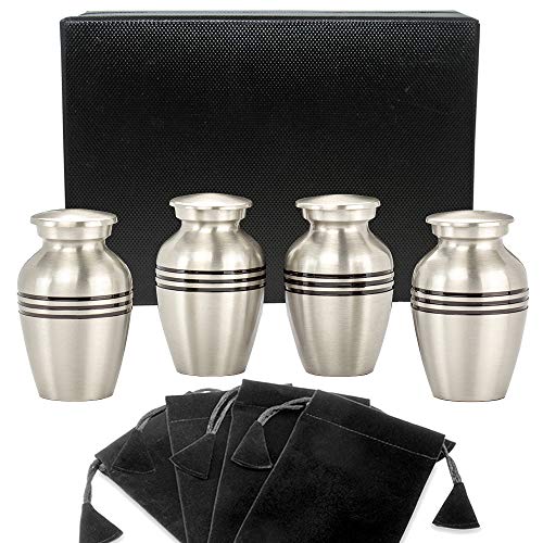 Product Cover Grace and Mercy Pewter Small Keepsake Urn for Human Ashes - Set of 4 - Beautiful Humble and Comforting Quality Sharing Urns for Your Loved Ones Remains - with Satin Lined Case and 4 Pouches