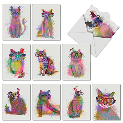 Product Cover Funky Rainbow Cats - Box of 10 Assorted Blank Note Cards with Envelopes (4 x 5.12 Inch) - Cute Pet Kitten Animal Cards - Watercolor Painted Greetings, Stationery for All Occasions AM6199OCB-B1x10
