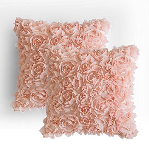 Product Cover MIULEE Pack of 2 Valentine's Day 3D Decorative Romantic Stereo Chiffon Rose Flower Pillow Cover Solid Square Pillowcase for Sofa Bedroom Car 16x16 Inch 40x40 cm Peach Pink