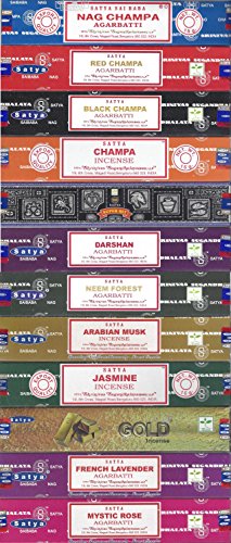 Product Cover Satya Bangalore (BNG) Set of 12 Nag Champa, Red Champa, Black Champa, Champa, Super Hit, Darshan, Neem Forest, Arabian Musk, Jasmine, Gold, French Lavender, Mystic Rose Incense Sticks