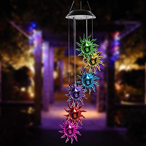 Product Cover ISFORU LED Solar Sunflower Wind Chime, Changing Color Waterproof Solar Sunflower Wind Chimes Hanging Lantern Light for Home Party Bedroom Night Garden Decoration,Gift for Mother