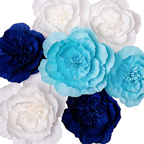 Product Cover Paper Flower Decorations, Giant Paper Flowers (Navy Blue, Light Blue, White, Set of 7), Large Paper Flowers, Crepe Paper Flowers for Wedding, Nursery Wall Decoration, Baby Shower, Bridal Shower
