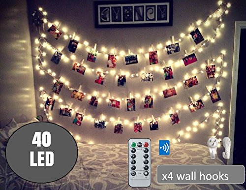 Product Cover BestCircle 40 LED Photo Clip String Lights 20 Ft, Remote Control,Free Wall Hooks, USB Powered, Warm White, Timer, Christmas Card, Decoration, Wedding, Party, Christmas Lightings