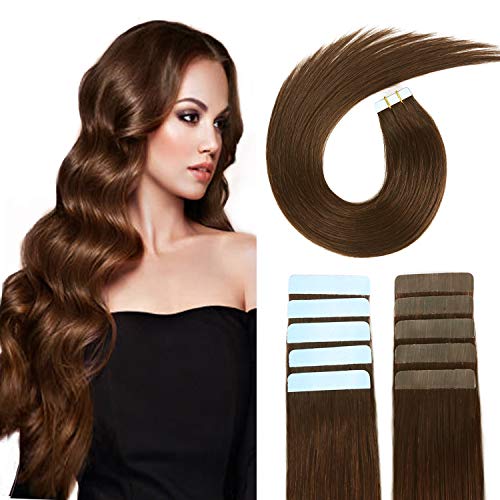 Product Cover SUYYA Tape in Hair Extensions Remy Human Hair 14 inches 40g 20pcs Straight Seamless Skin Weft Tape Hair Extensions(14 inches 4# Dark Brown)