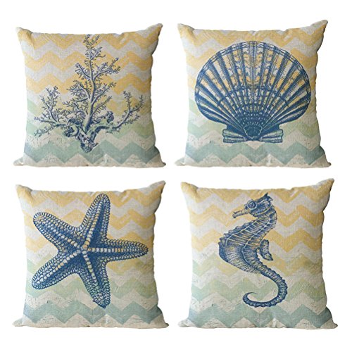 Product Cover ULOVE LOVE YOURSELF Beach Pillow Covers 4 Pack Cotton Linen Nautical Throw Pillowcases Sea Theme Coastal Cushion Cover 18 x 18 inch (Sea-3)