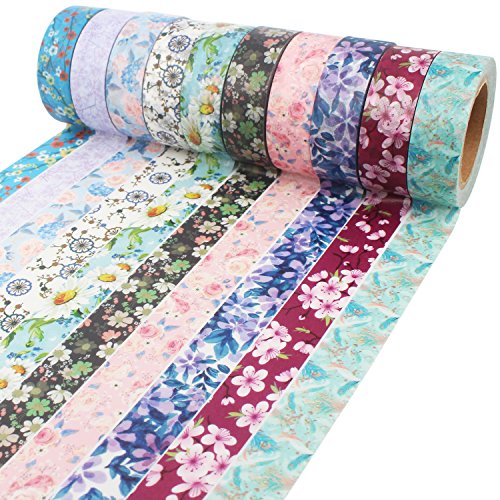 Product Cover Floral Washi Tape 10m Long Each Roll Decorative Masking Tape Japanese Paper Tapes Fabric Tape for Arts and Crafts, DIY Projects, Scrapbooks, Calendar, Bible Journaling and Gift Wrapping