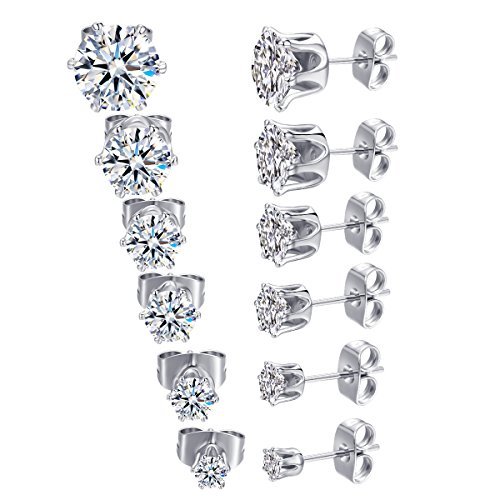Product Cover MDFUN 18K White Gold Plated Round Clear Cubic Zirconia Stud Earring Pack of 6 Pairs (6 Pairs)